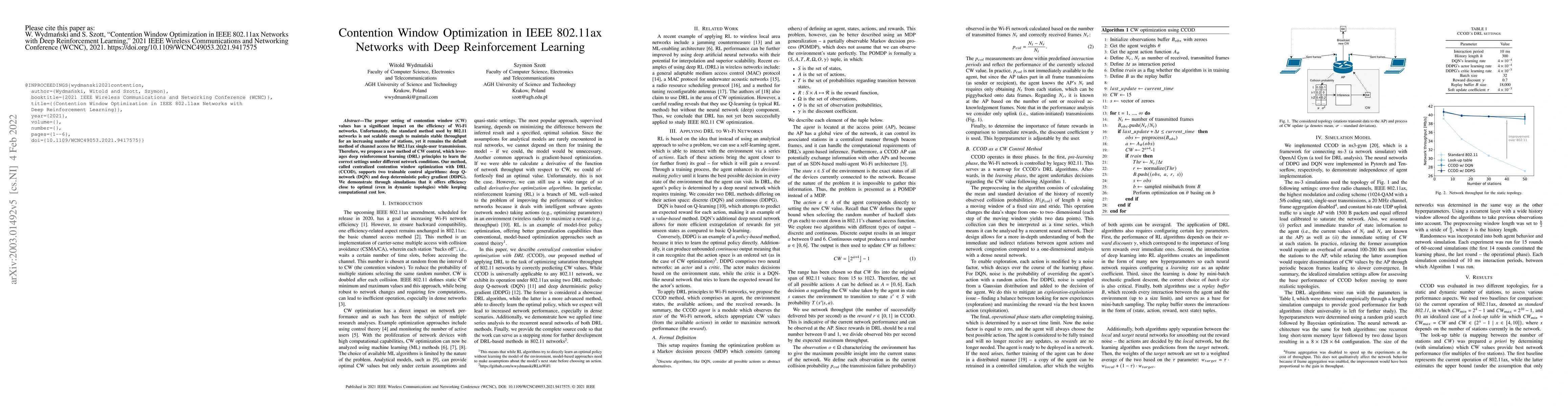 Thumbnail for Contention Window Optimization in IEEE 802.11ax Networks with Deep
  Reinforcement Learning