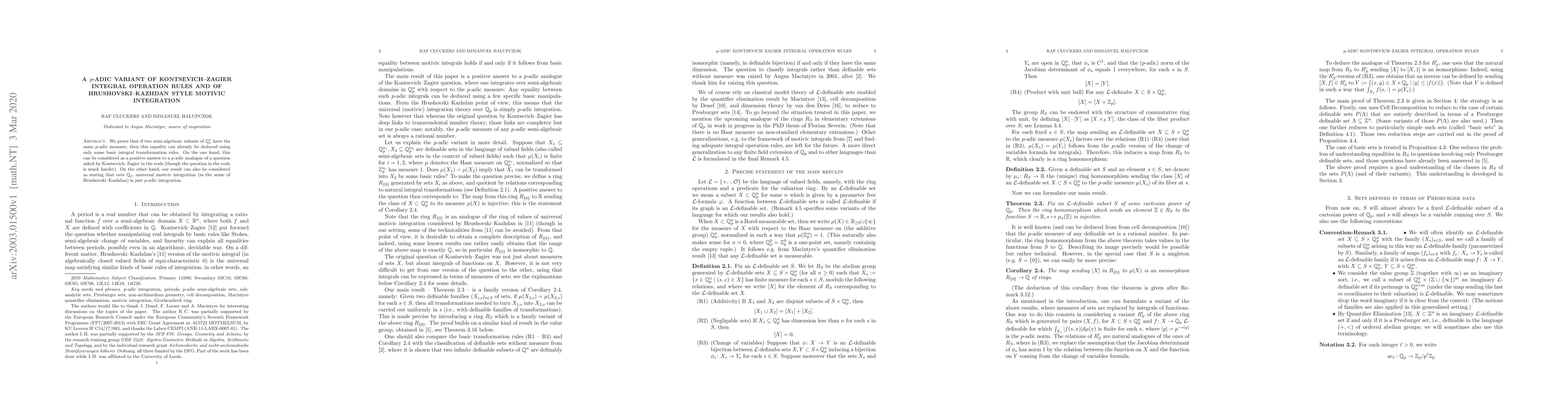 Thumbnail for A $p$-adic variant of Kontsevich-Zagier integral operation rules and of
  Hrushovski-Kazhdan style motivic integration