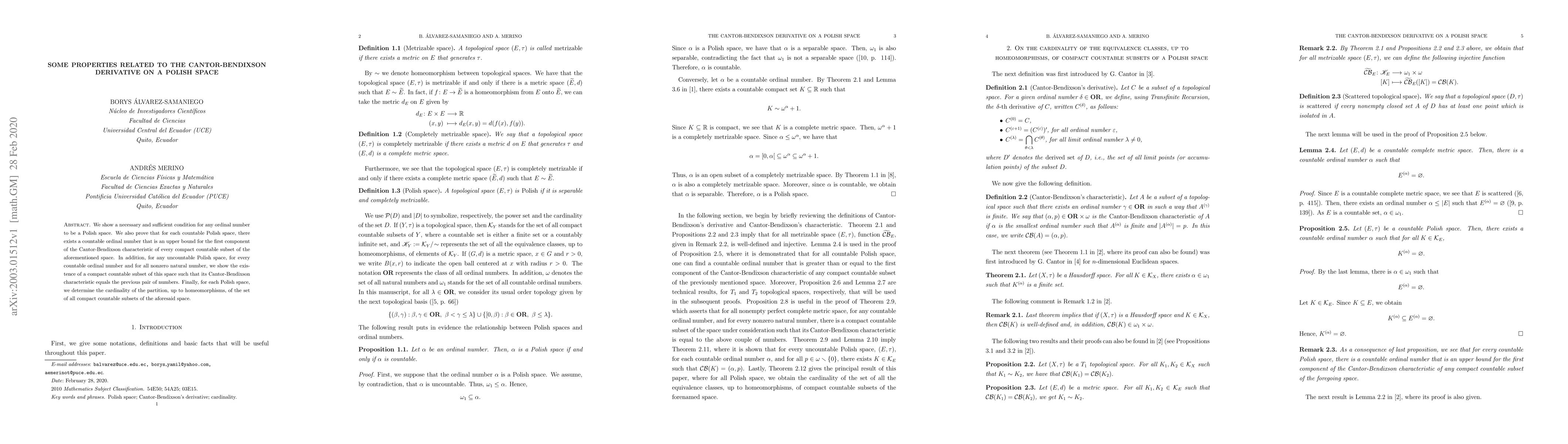 Thumbnail for Some properties related to the Cantor-Bendixson derivative on a Polish
  space