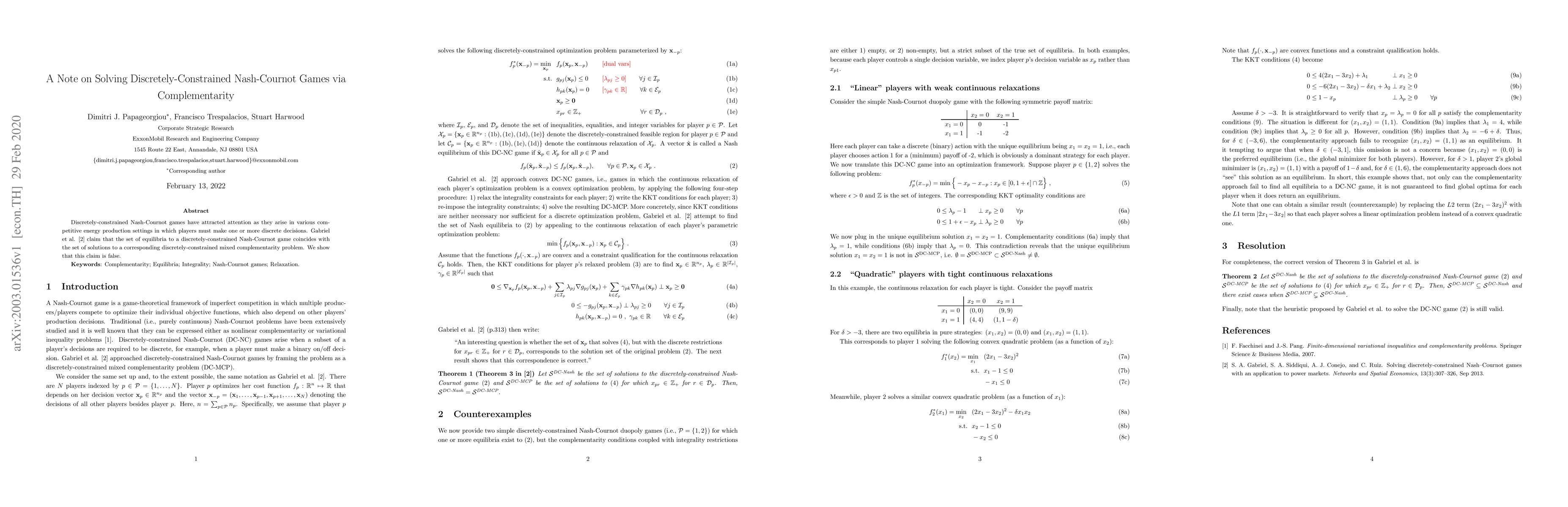Thumbnail for A Note on Solving Discretely-Constrained Nash-Cournot Games via
  Complementarity