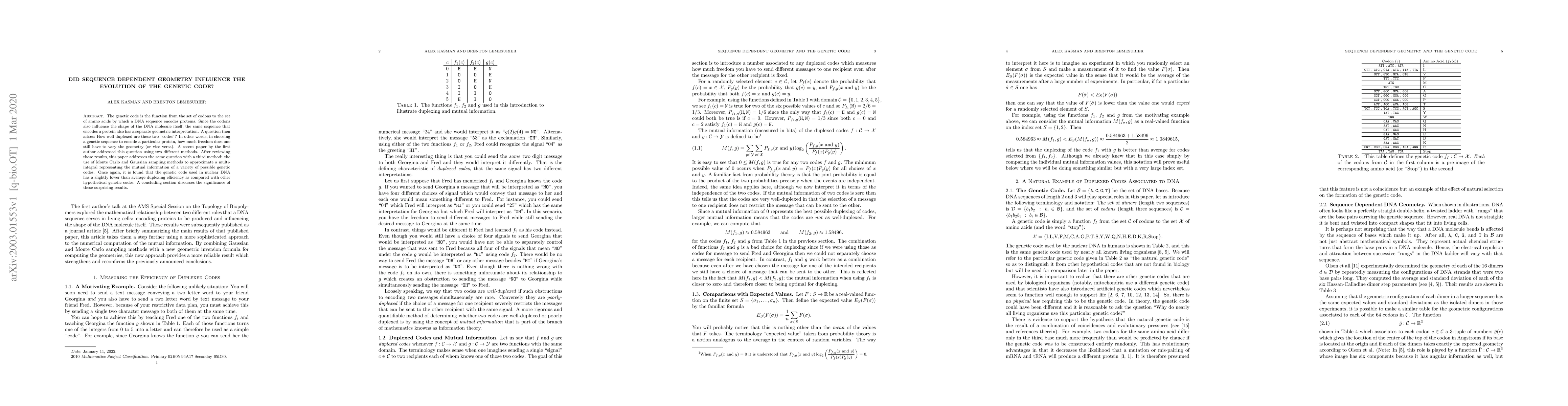 Thumbnail for Did Sequence Dependent Geometry Influence the Evolution of the Genetic
  Code?