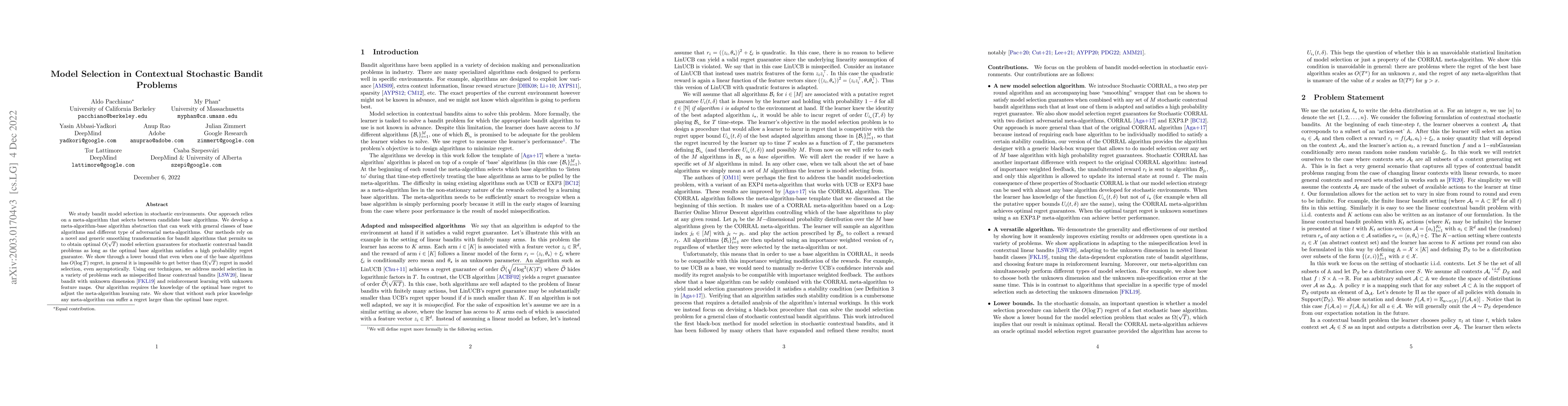 Thumbnail for Model Selection in Contextual Stochastic Bandit Problems