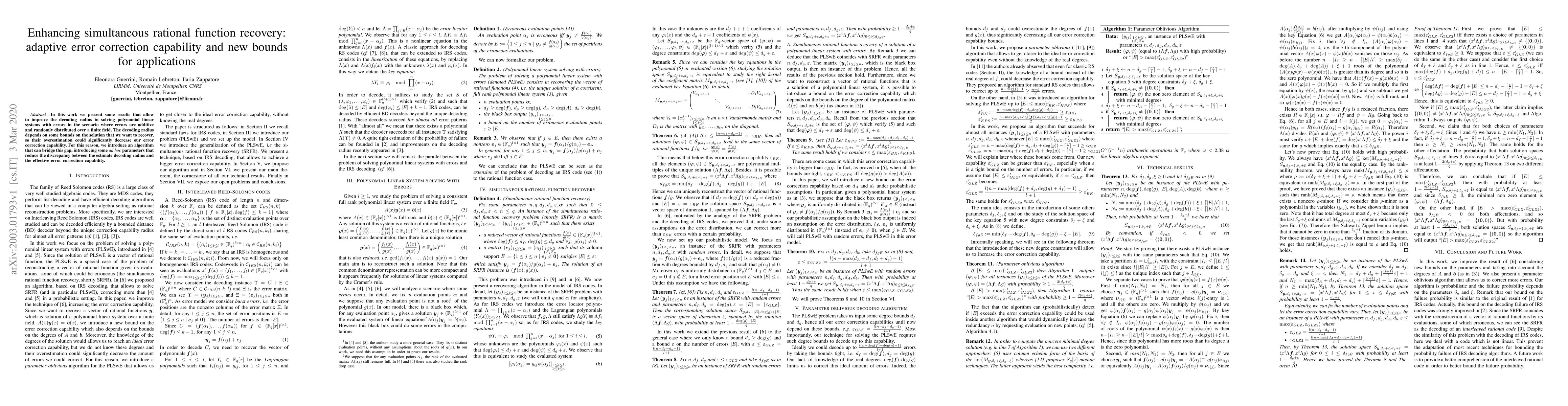 Thumbnail for Enhancing simultaneous rational function recovery: adaptive error
  correction capability and new bounds for applications