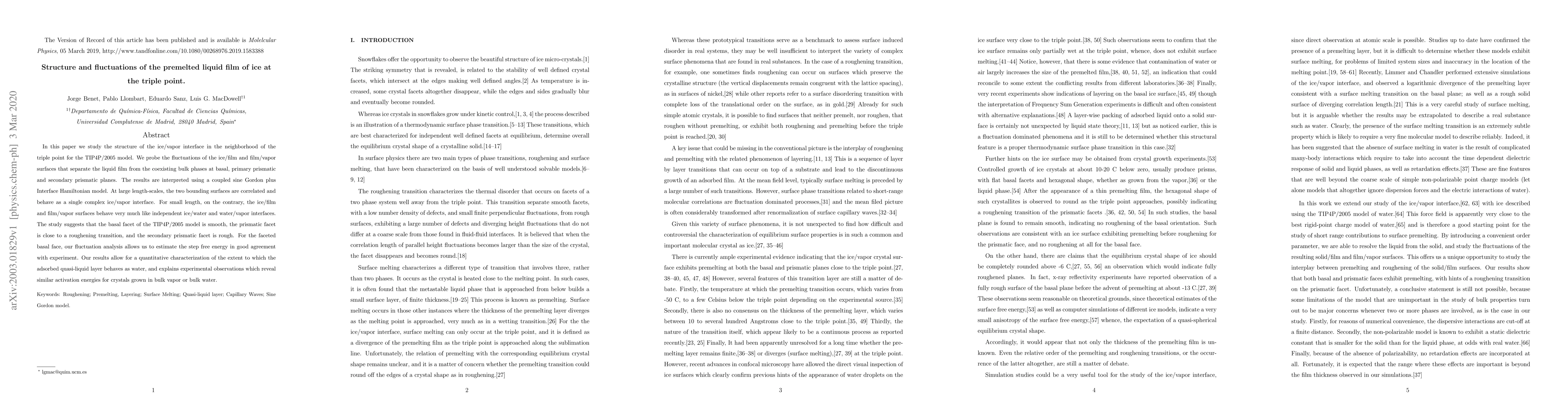 Thumbnail for Structure and fluctuations of the premelted liquid film of ice at the
  triple point