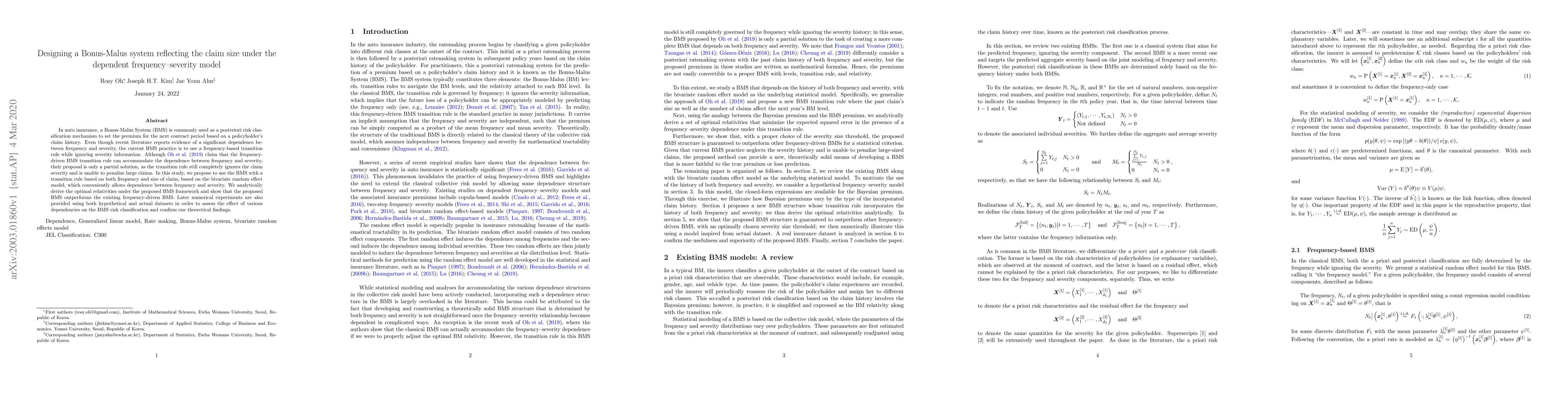 Thumbnail for Designing a Bonus-Malus system reflecting the claim size under the
  dependent frequency-severity model