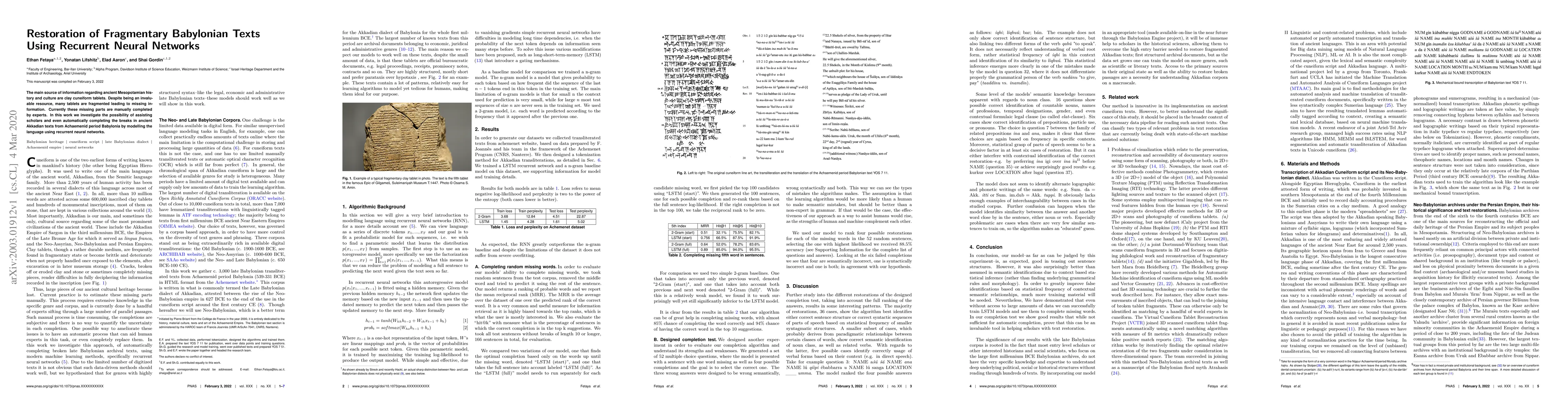 Thumbnail for Restoration of Fragmentary Babylonian Texts Using Recurrent Neural
  Networks