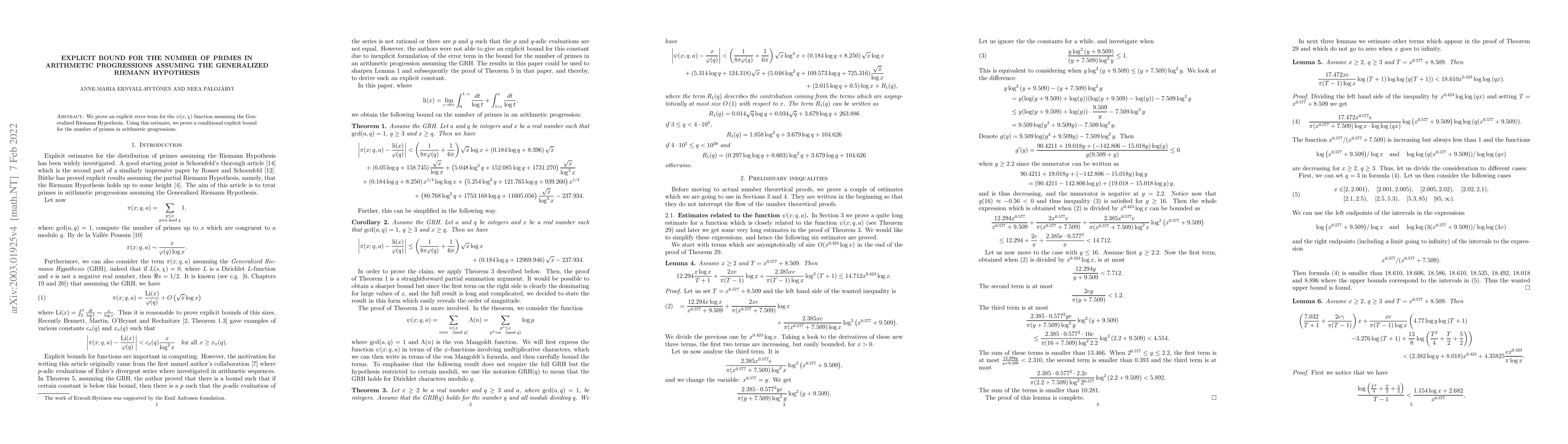 Thumbnail for Explicit bound for the number of primes in arithmetic progressions
  assuming the Generalized Riemann Hypothesis