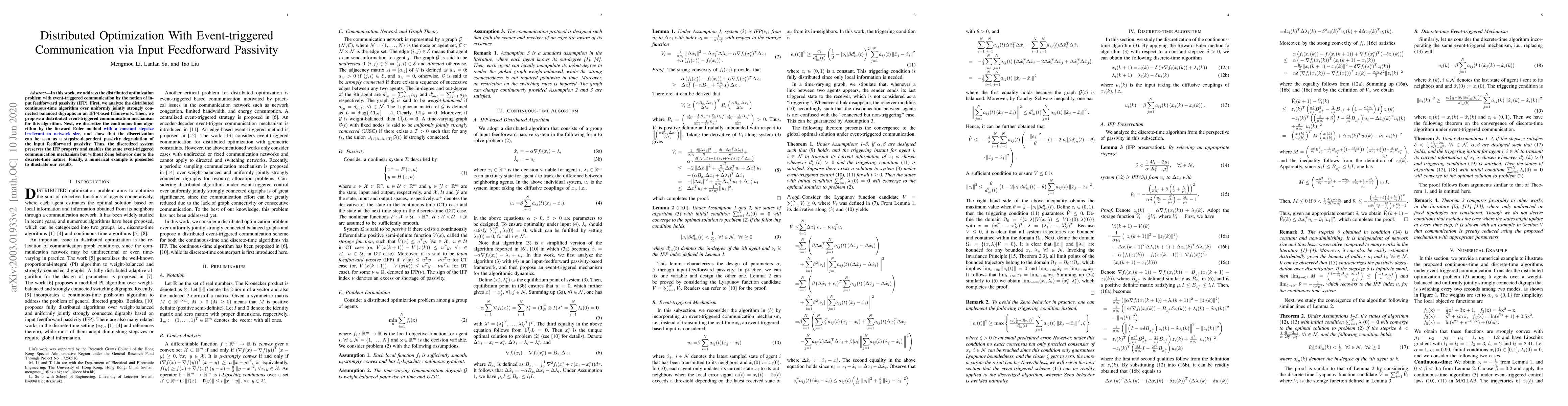 Thumbnail for Distributed Optimization With Event-triggered Communication via Input
  Feedforward Passivity