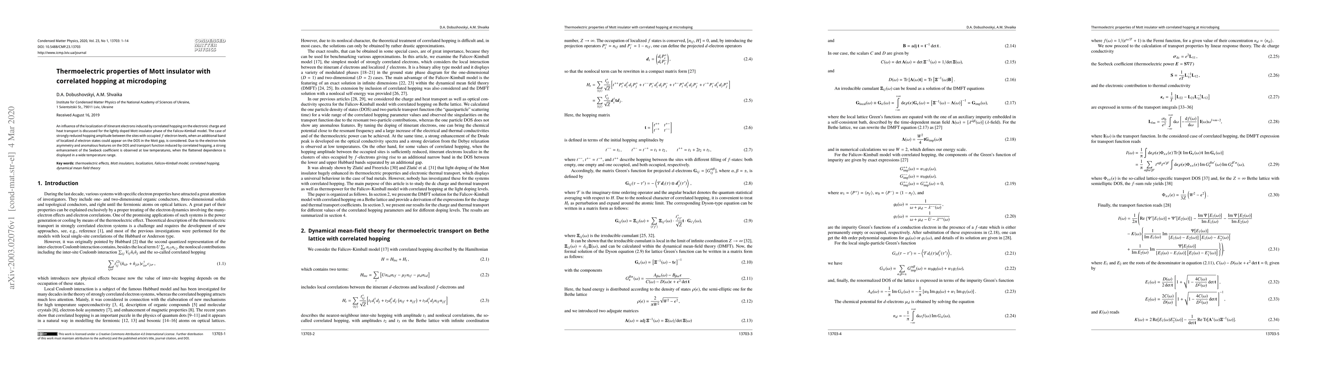 Thumbnail for Thermoelectric properties of Mott insulator with correlated hopping at
  microdoping