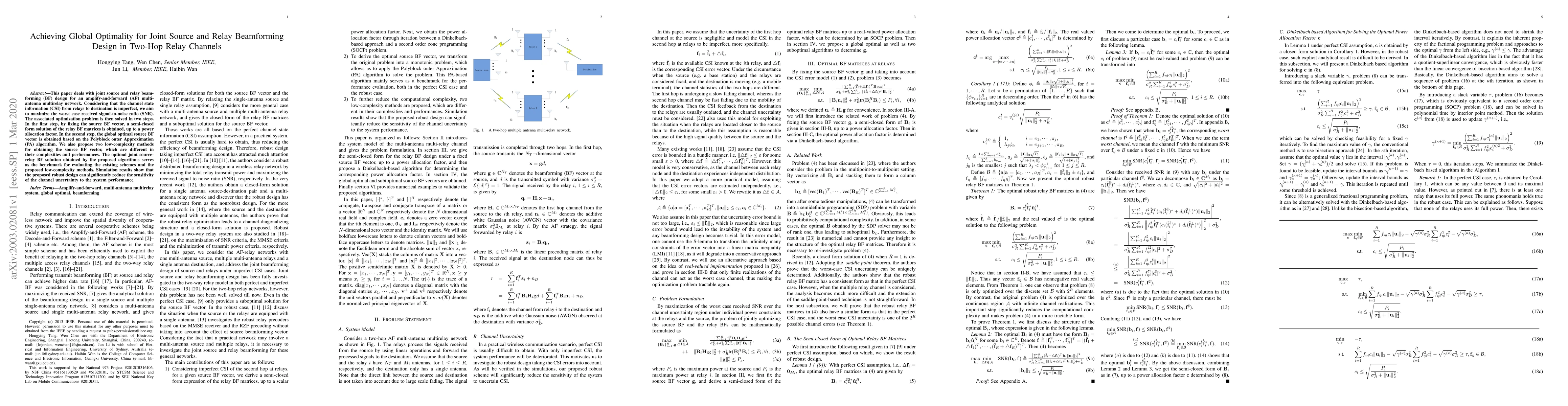 Thumbnail for Achieving Global Optimality for Joint Source and Relay Beamforming
  Design in Two-Hop Relay Channels