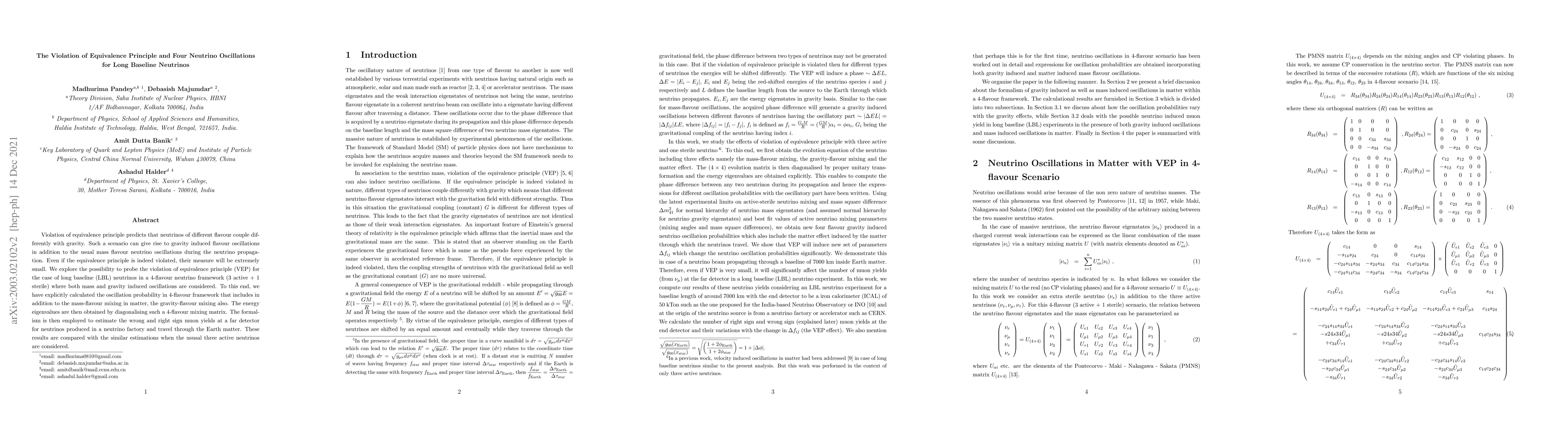 Thumbnail for The Violation of Equivalence Principle and Four Neutrino Oscillations
  for Long Baseline Neutrinos