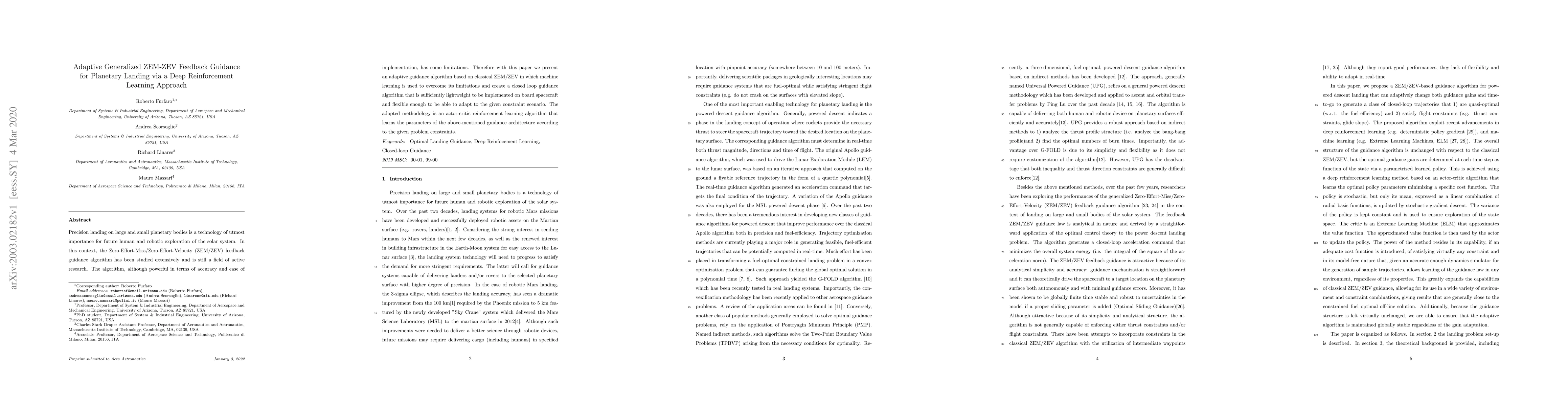 Thumbnail for Adaptive Generalized ZEM-ZEV Feedback Guidance for Planetary Landing via
  a Deep Reinforcement Learning Approach