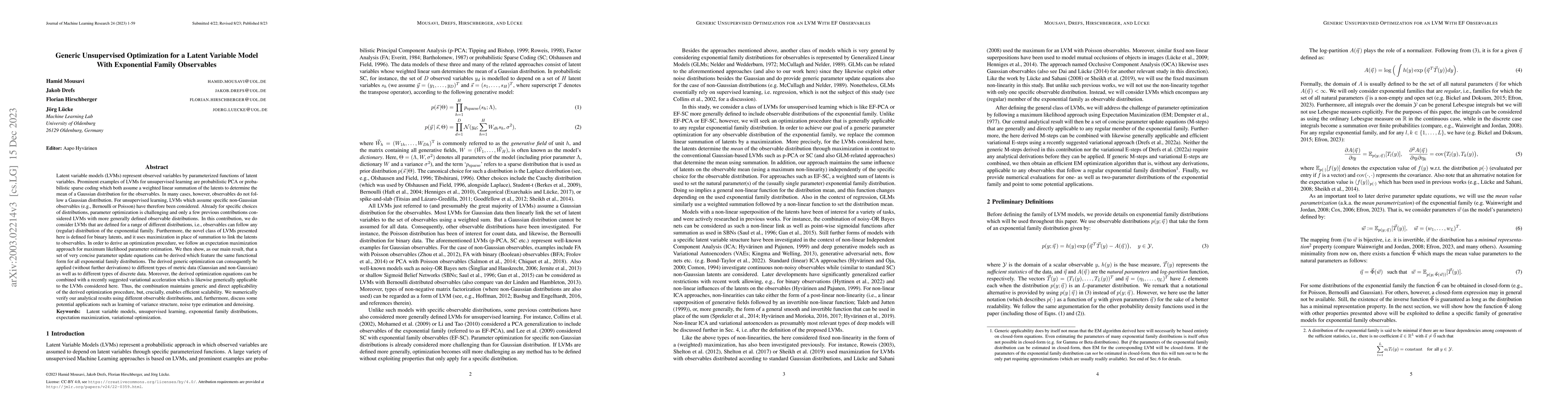 Thumbnail for Generic Unsupervised Optimization for a Latent Variable Model With
  Exponential Family Observables