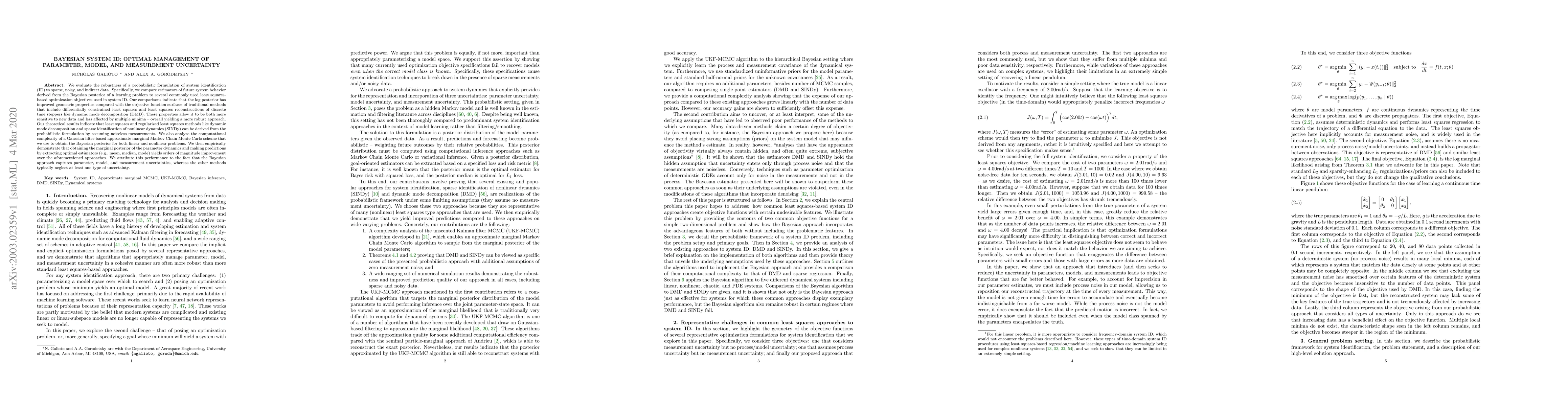 Thumbnail for Bayesian System ID: Optimal management of parameter, model, and
  measurement uncertainty