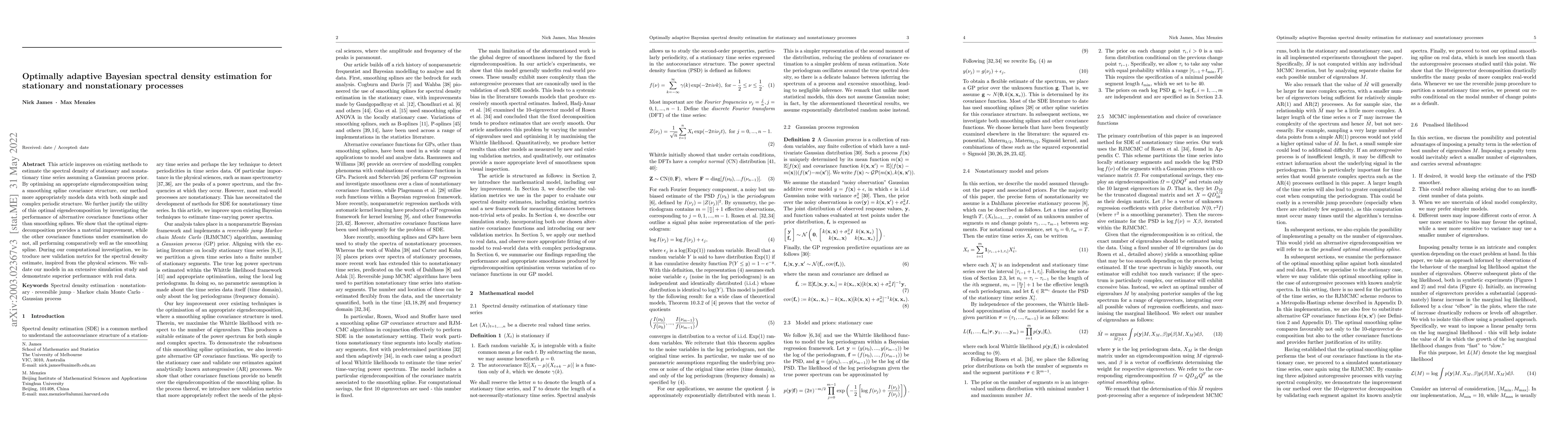 Thumbnail for Optimally adaptive Bayesian spectral density estimation for stationary
  and nonstationary processes