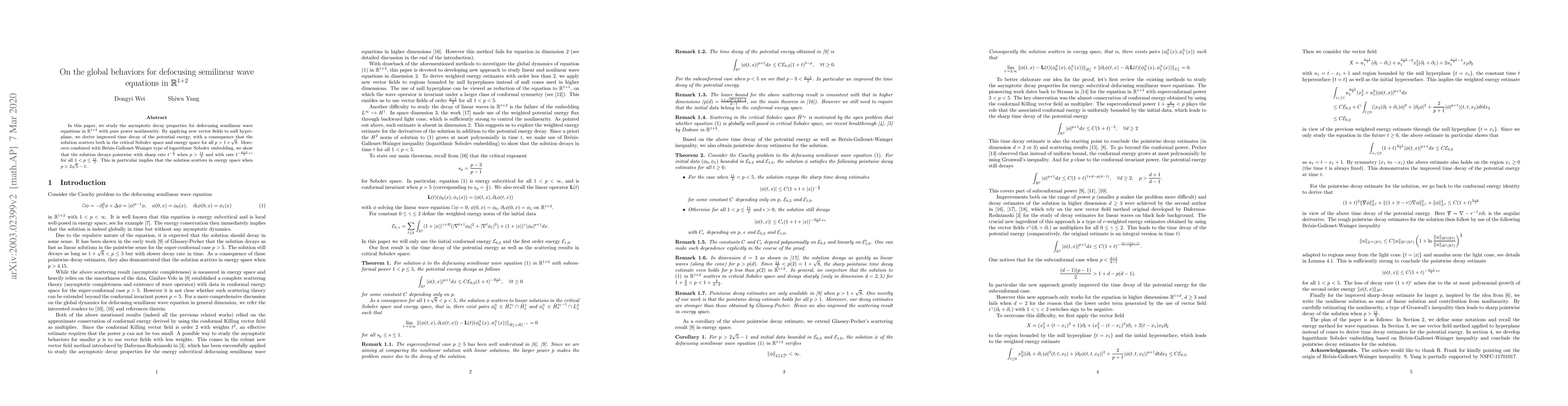 Thumbnail for On the global behaviors for defocusing semilinear wave equations in
  $\mathbb{R}^{1+2}$