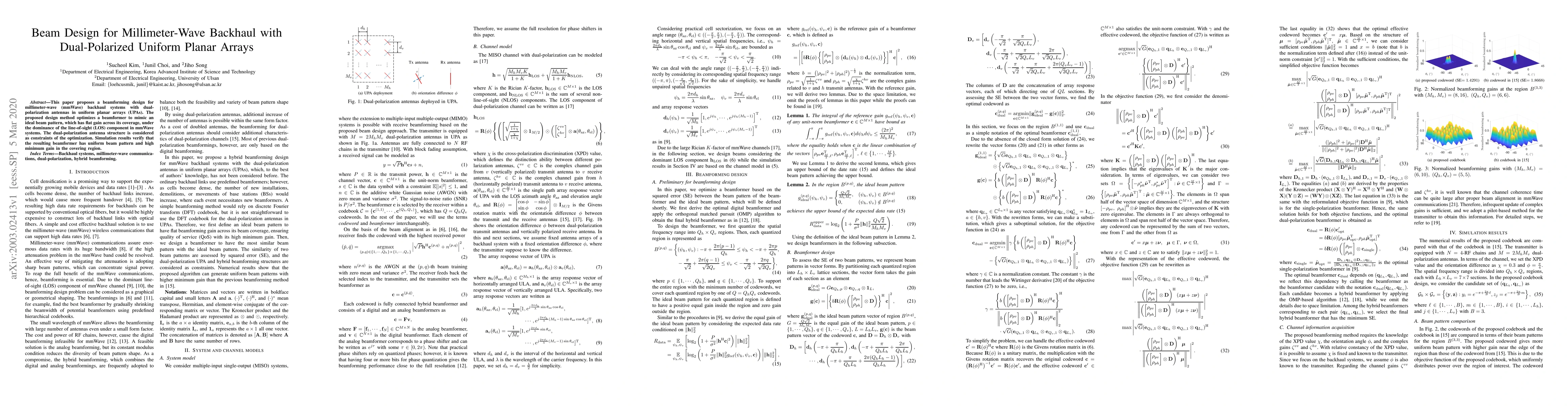 Thumbnail for Beam Design for Millimeter-Wave Backhaul with Dual-Polarized Uniform
  Planar Arrays