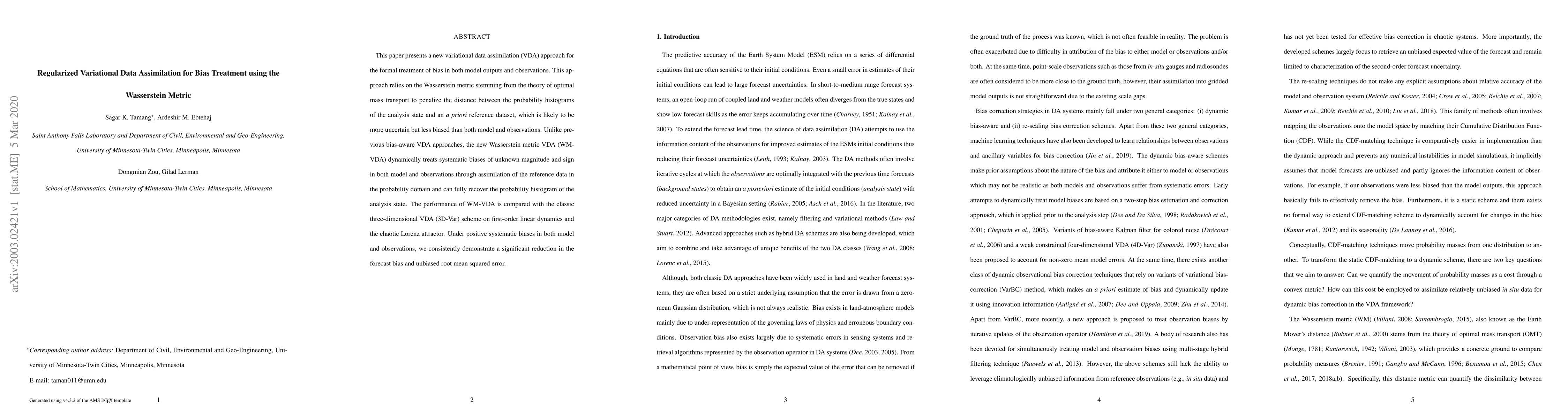Thumbnail for Regularized Variational Data Assimilation for Bias Treatment using the
  Wasserstein Metric