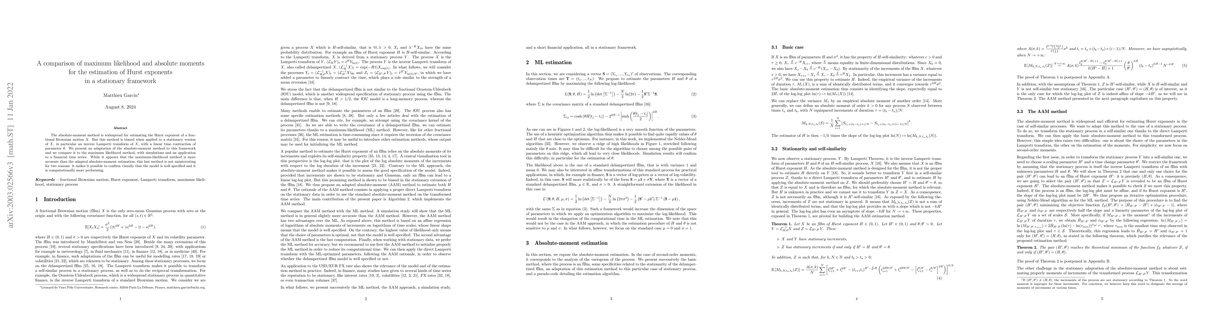 Thumbnail for A comparison of maximum likelihood and absolute moments for the
  estimation of Hurst exponents in a stationary framework