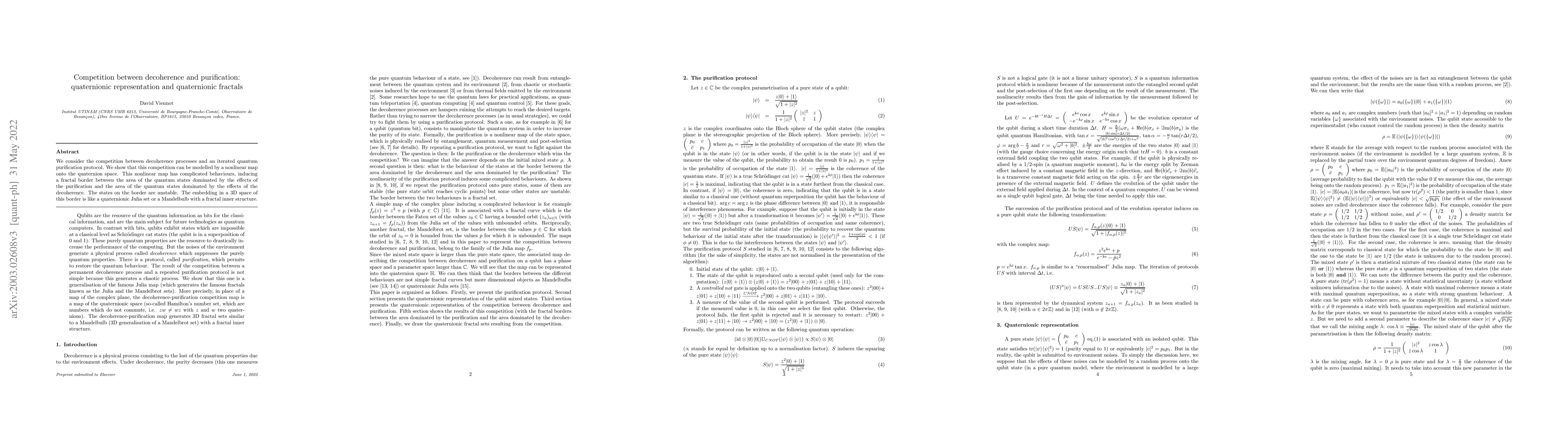 Thumbnail for Competition between decoherence and purification: quaternionic
  representation and quaternionic fractals