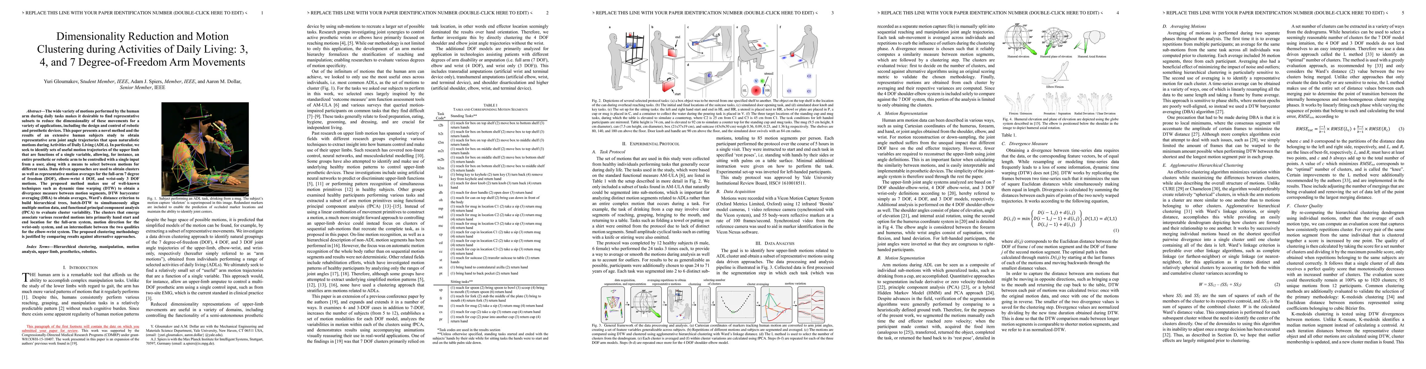 Thumbnail for Dimensionality Reduction and Motion Clustering during Activities of
  Daily Living: 3, 4, and 7 Degree-of-Freedom Arm Movements