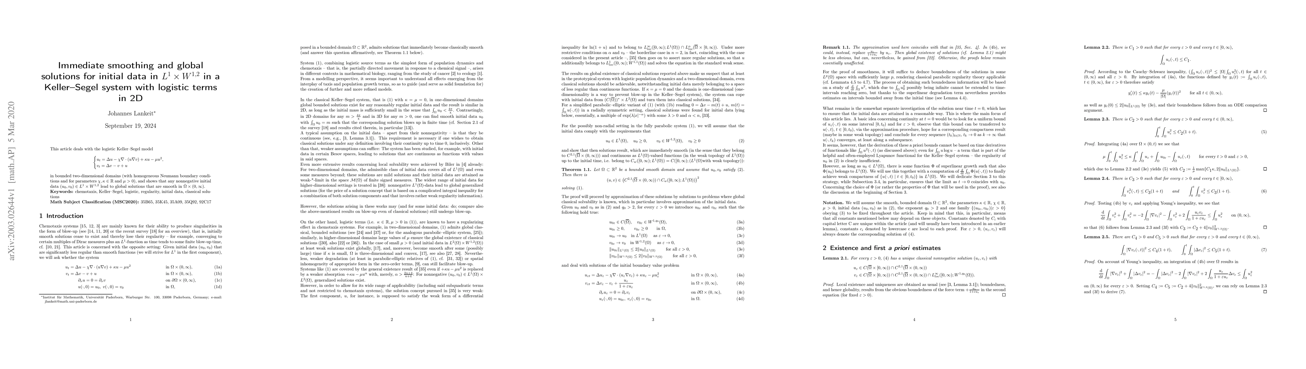 Thumbnail for Immediate smoothing and global solutions for initial data in $L^1\times
  W^{1,2}$ in a Keller-Segel system with logistic terms in 2D