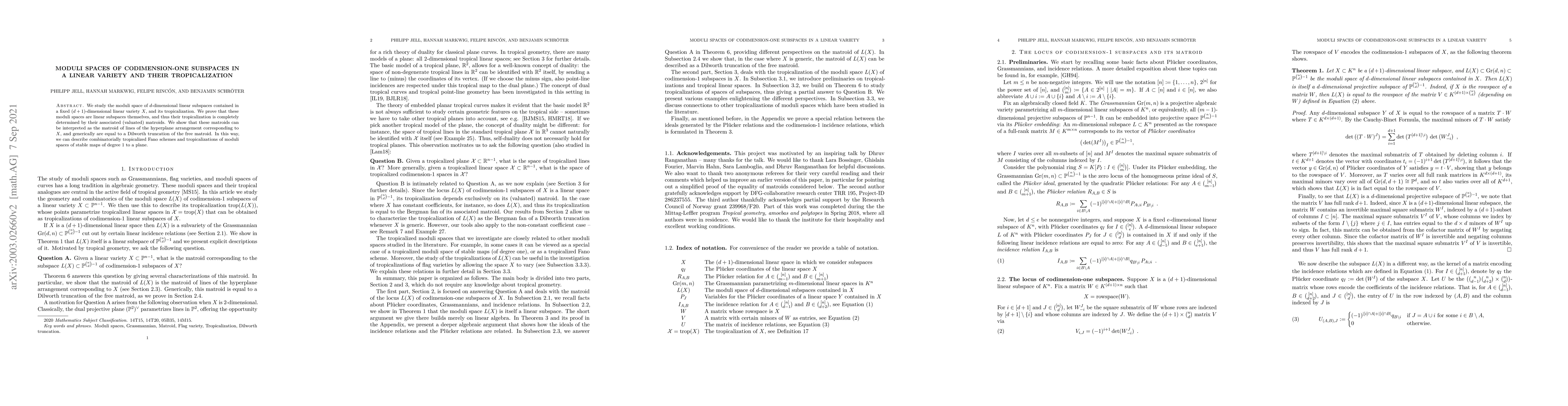 Thumbnail for Moduli spaces of codimension-one subspaces in a linear variety and their
  tropicalization