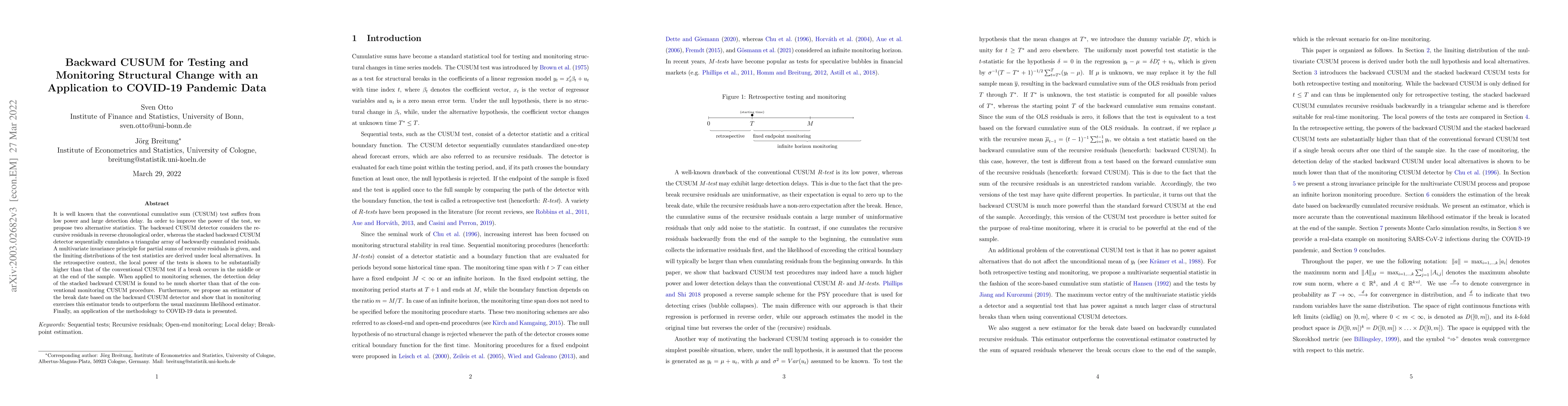 Thumbnail for Backward CUSUM for Testing and Monitoring Structural Change with an
  Application to COVID-19 Pandemic Data