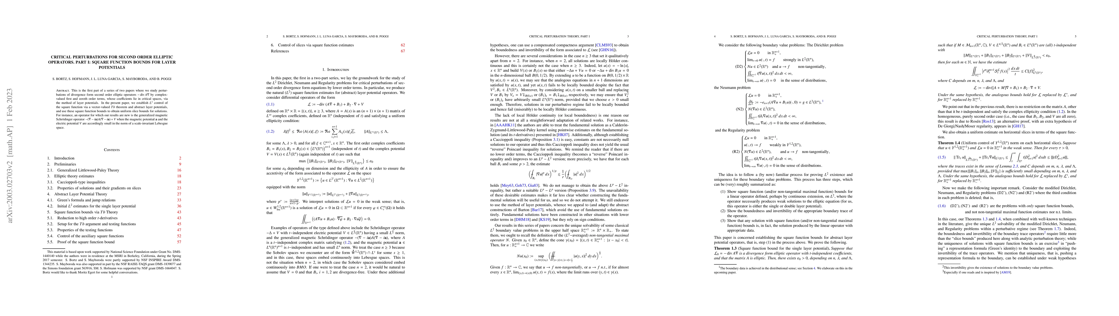 Thumbnail for Critical Perturbations for Second Order Elliptic Operators. Part I:
  Square function bounds for layer potentials