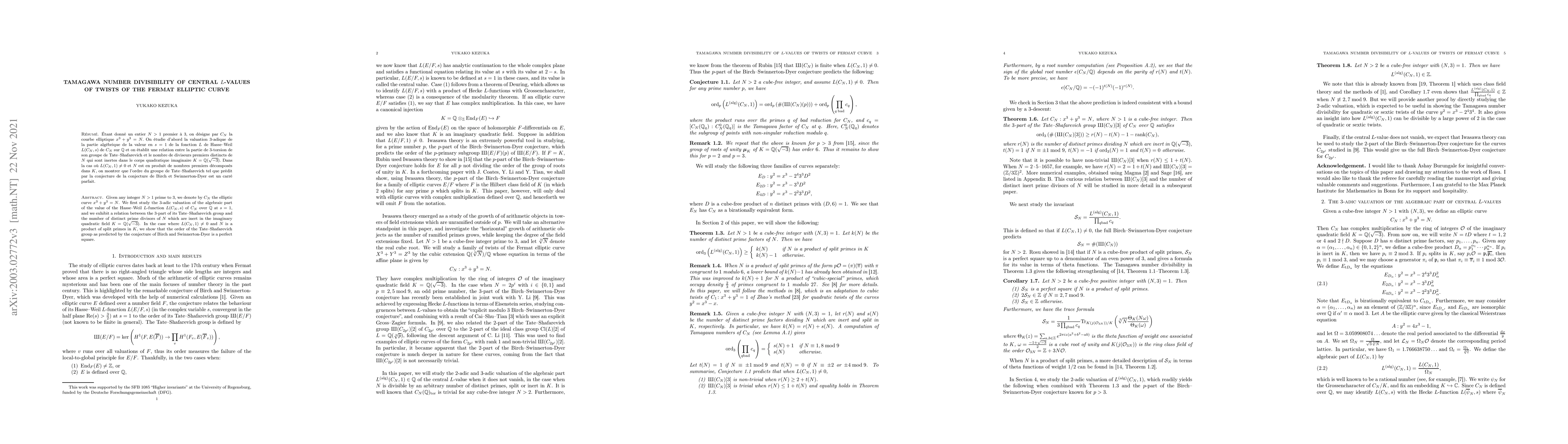 Thumbnail for Tamagawa number divisibility of central $L$-values of twists of the
  Fermat elliptic curve