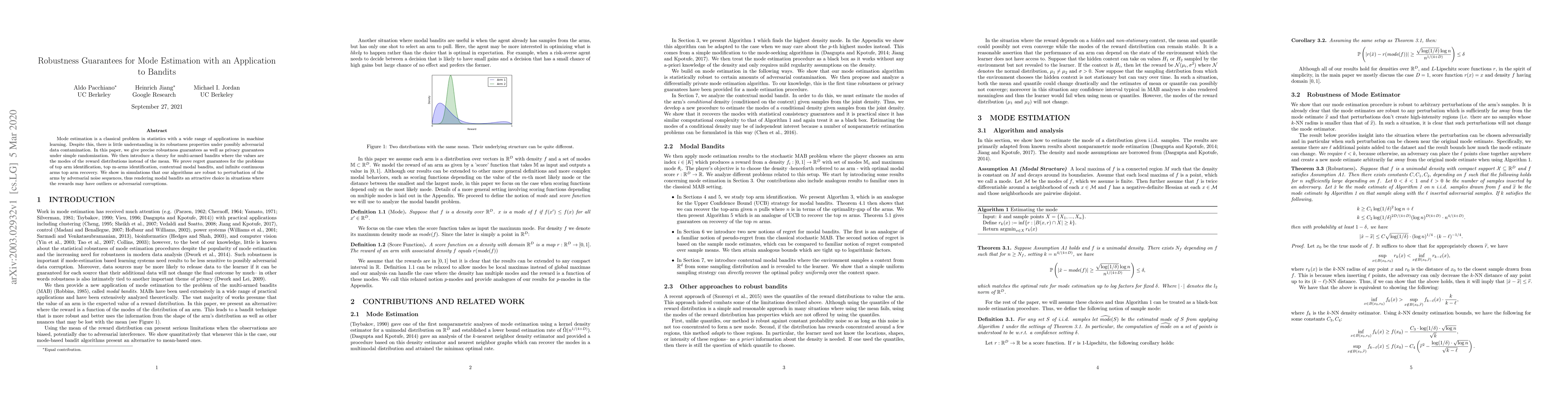 Thumbnail for Robustness Guarantees for Mode Estimation with an Application to Bandits