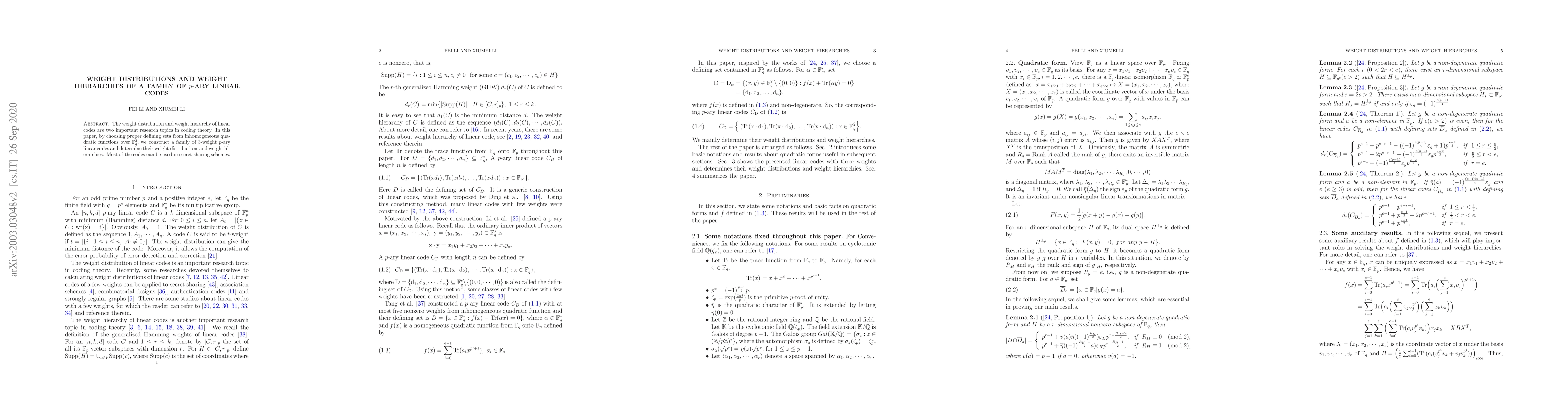 Thumbnail for Weight hierarchies and weight distributions of a familiy of $p$-ary
  linear codes