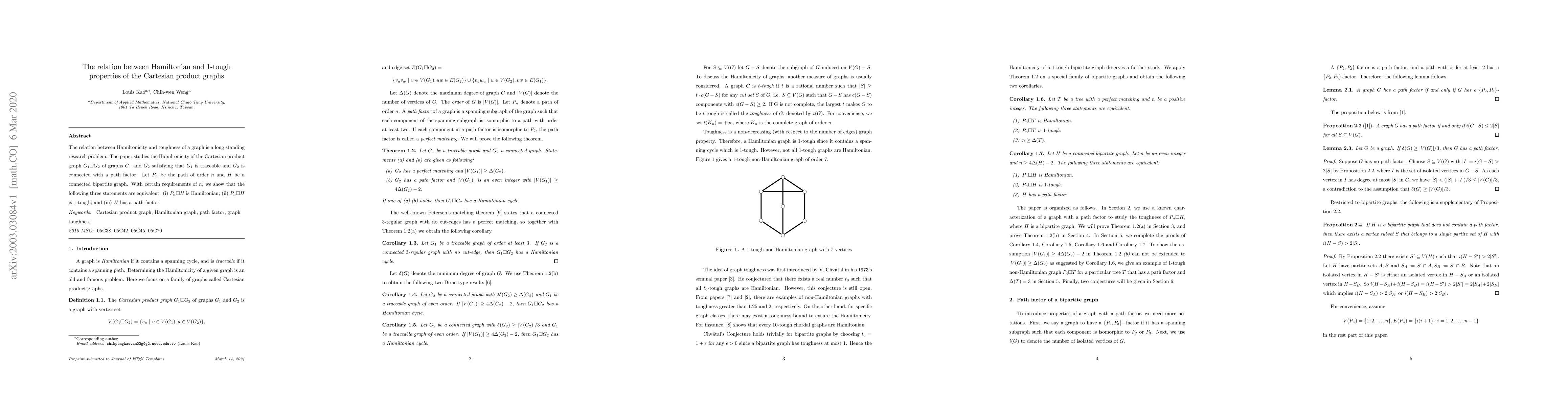 Thumbnail for The relation between Hamiltonian and $1$-tough properties of the
  Cartesian product graphs
