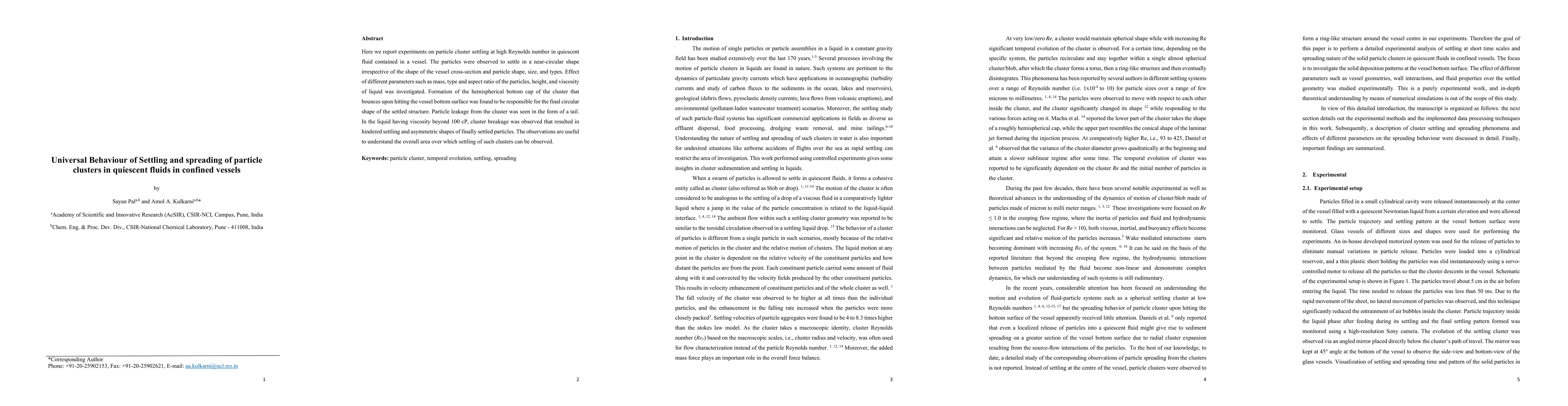 Thumbnail for Universal Behaviour of Settling and spreading of particle clusters in
  quiescent fluids in confined vessels