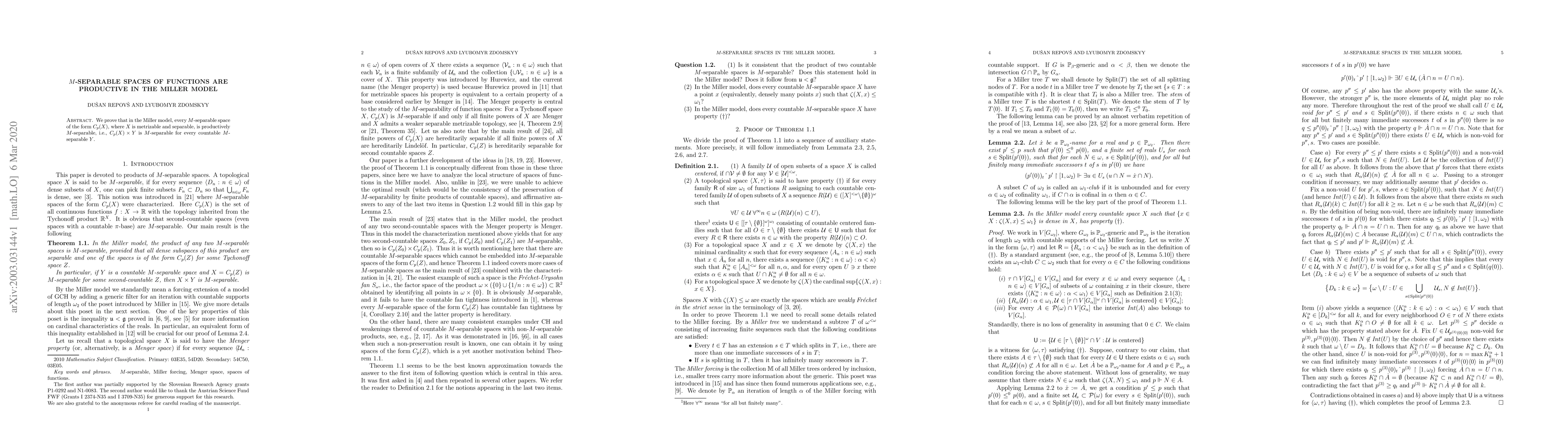 Thumbnail for M-separable spaces of functions are productive in the Miller model