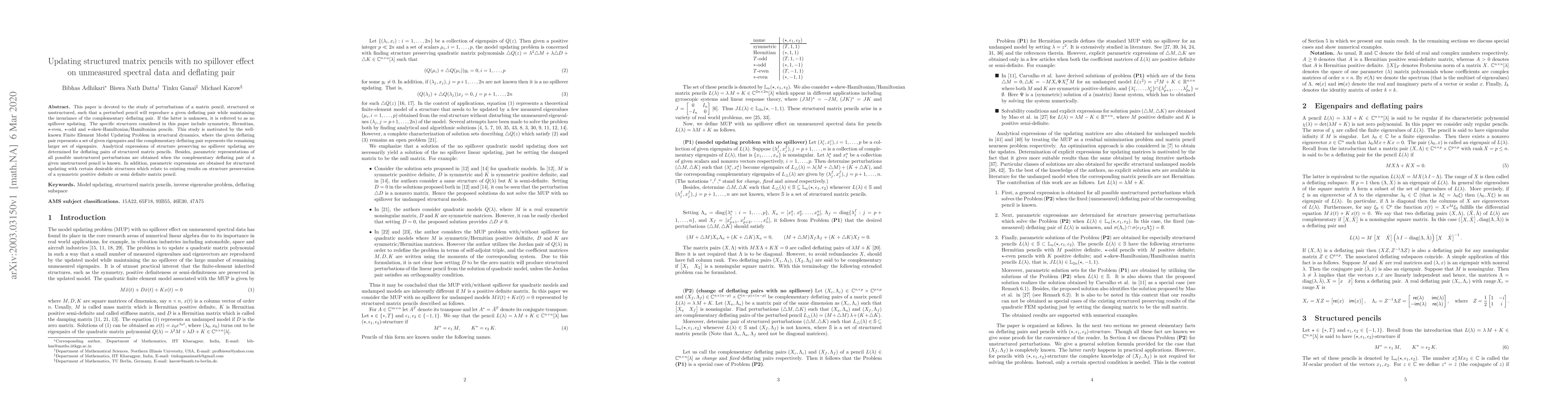 Thumbnail for Updating structured matrix pencils with no spillover effect on
  unmeasured spectral data and deflating pair