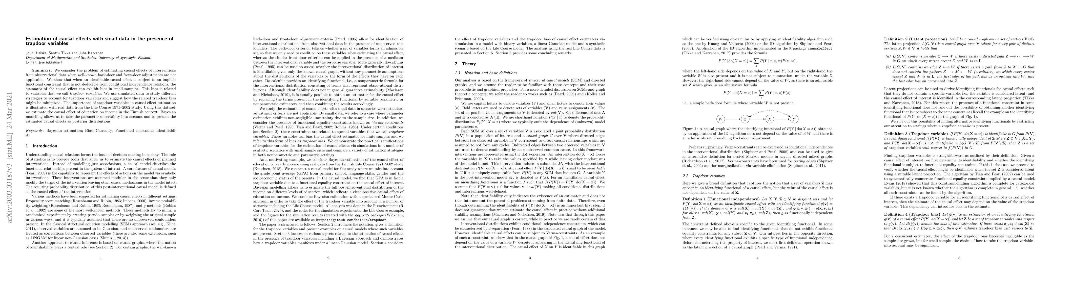 Thumbnail for Estimation of causal effects with small data in the presence of trapdoor
  variables