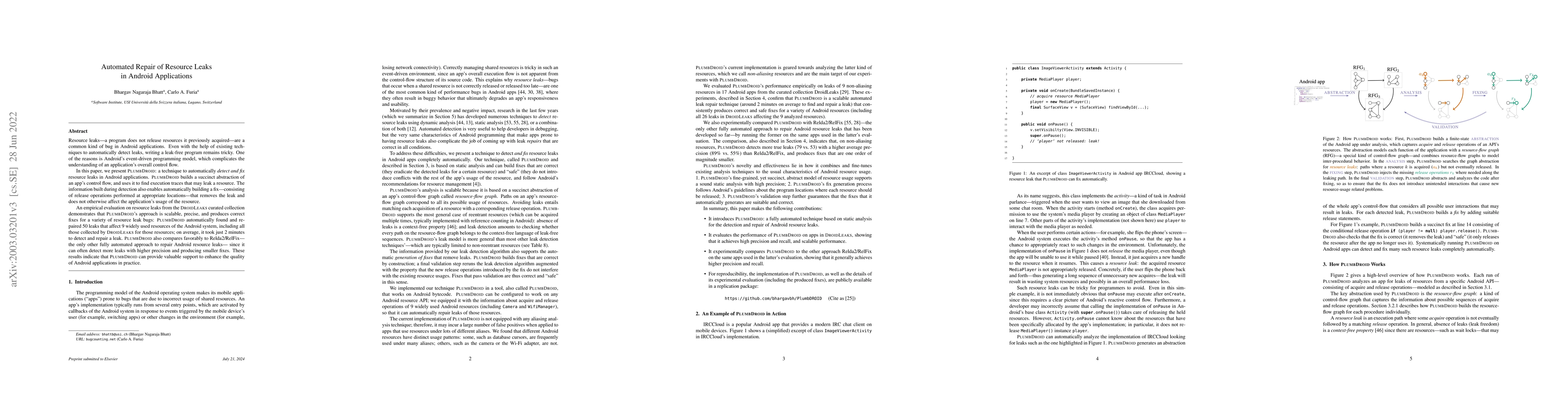 Thumbnail for Automated Repair of Resource Leaks in Android Applications