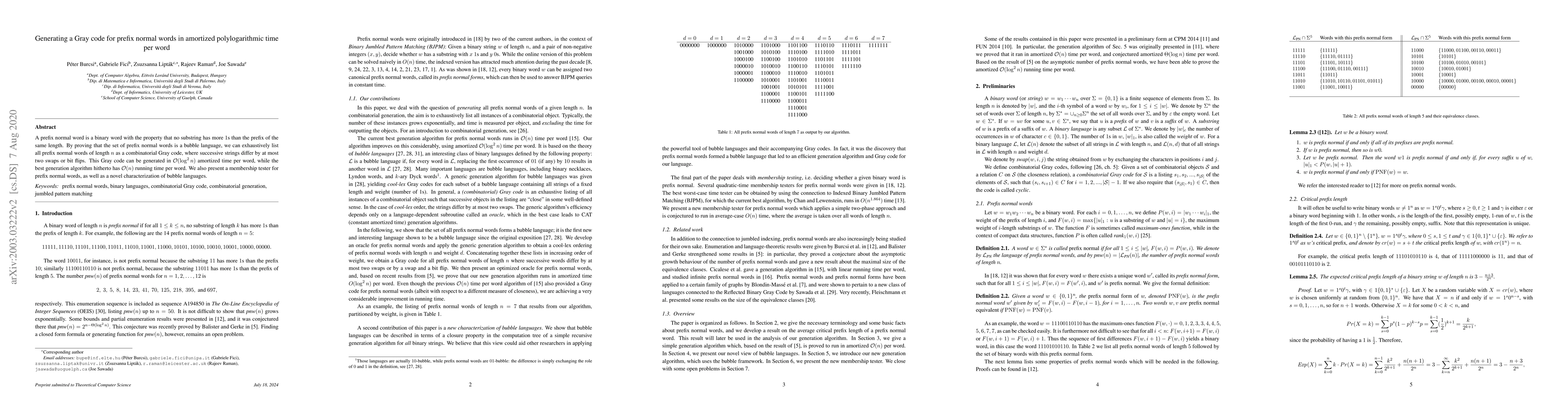 Thumbnail for Generating a Gray code for prefix normal words in amortized
  polylogarithmic time per word
