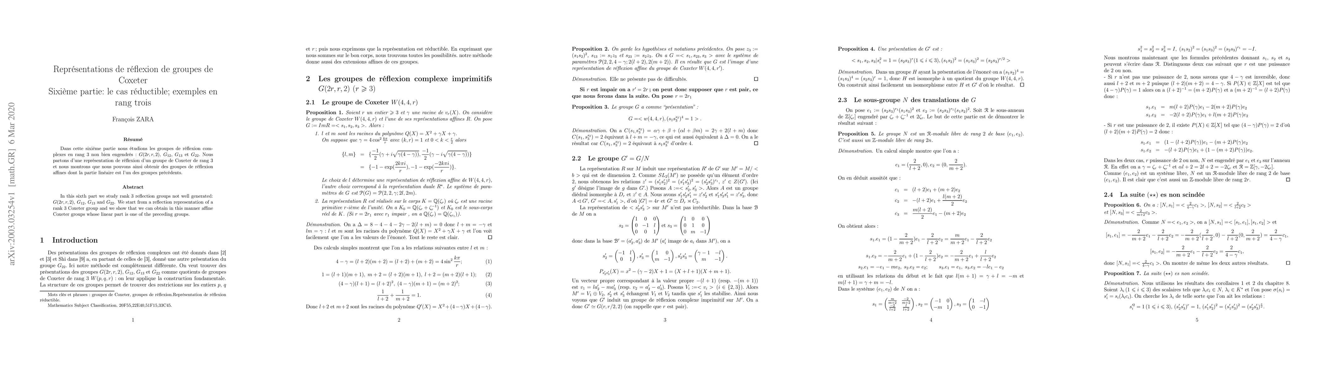 Thumbnail for Repr\'esentations de r\'eflexion de groupes de Coxeter Sixi\`eme partie:
  le cas r\'eductible; exemples en rang trois