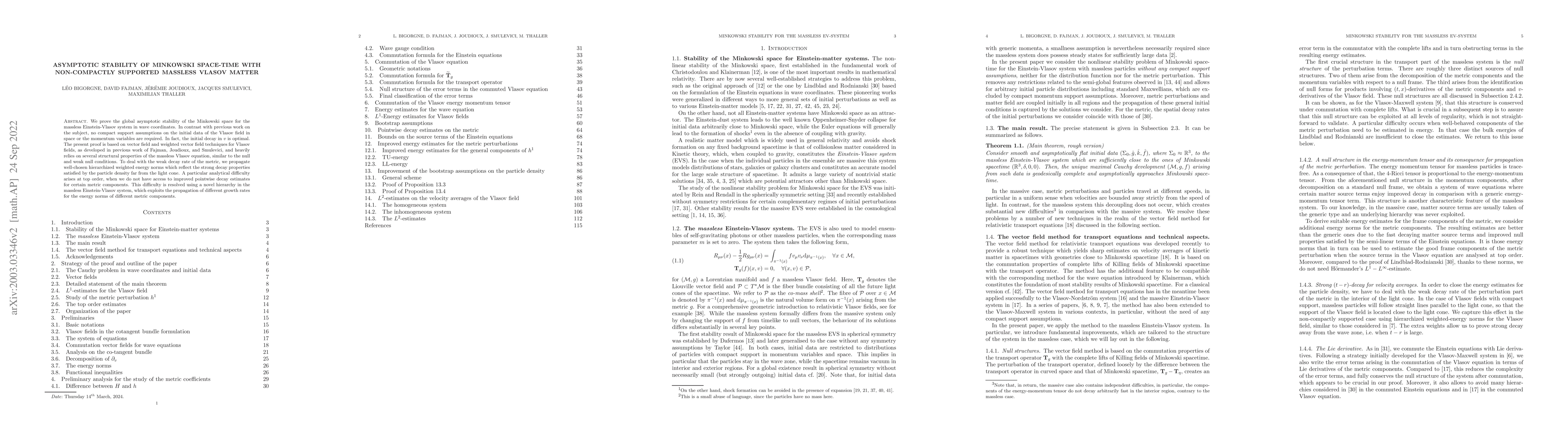 Thumbnail for Asymptotic Stability of Minkowski Space-Time with non-compactly
  supported massless Vlasov matter