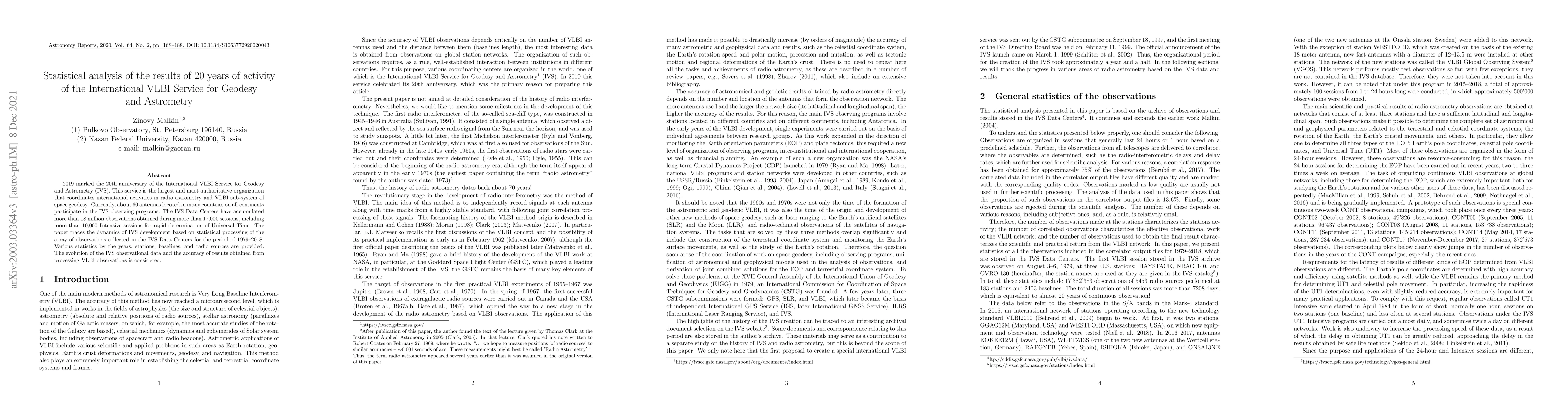 Thumbnail for Statistical analysis of the results of 20 years of activity of the
  International VLBI Service for Geodesy and Astrometry