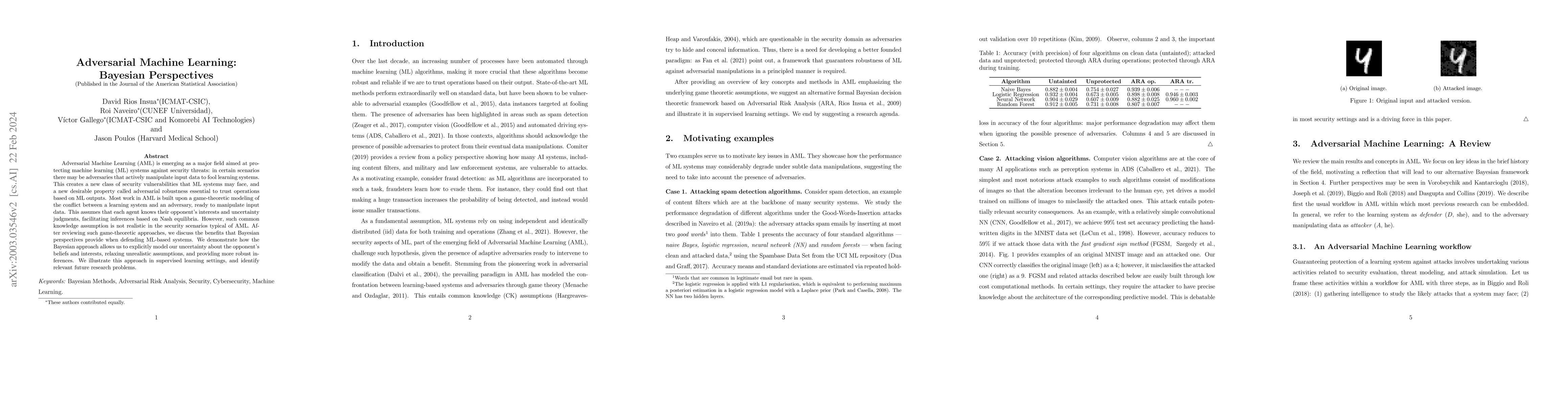 Thumbnail for Adversarial Machine Learning: Bayesian Perspectives
