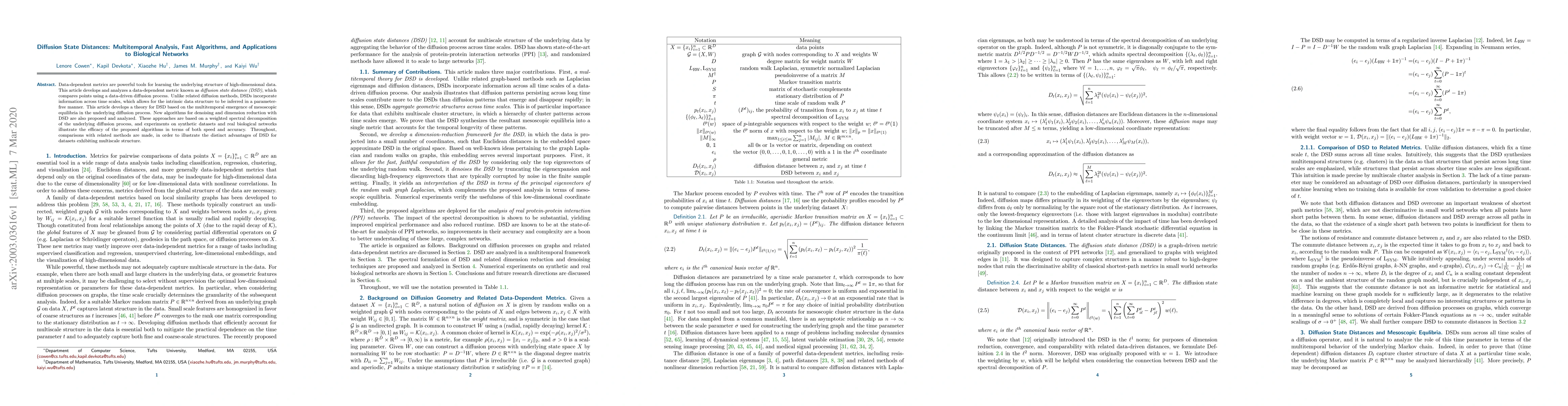 Thumbnail for Diffusion State Distances: Multitemporal Analysis, Fast Algorithms, and
  Applications to Biological Networks