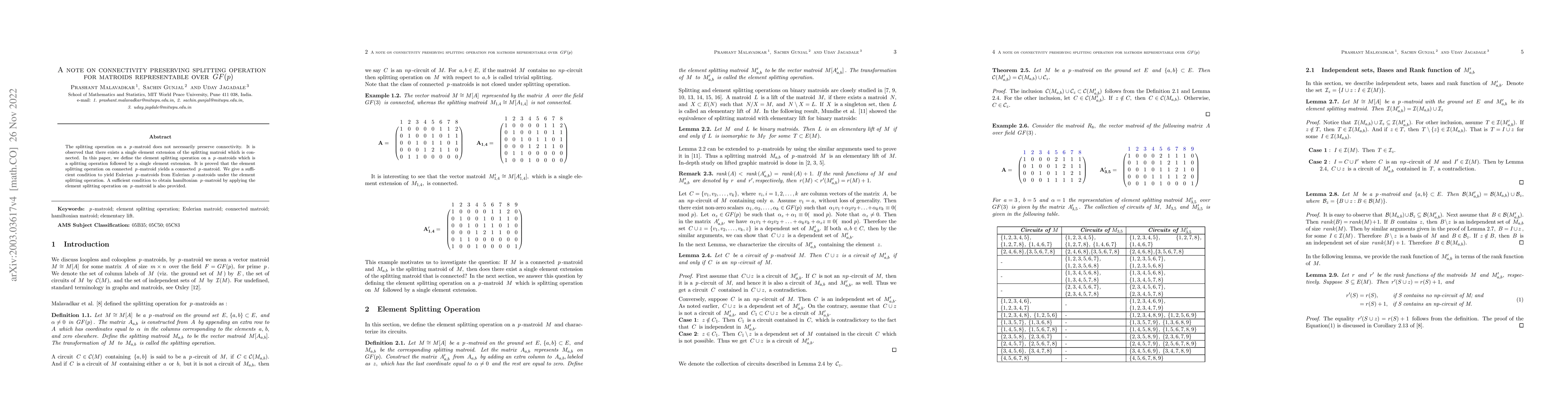 Thumbnail for A note on connectivity preserving splitting operation for matroids
  representable over $GF(p)$