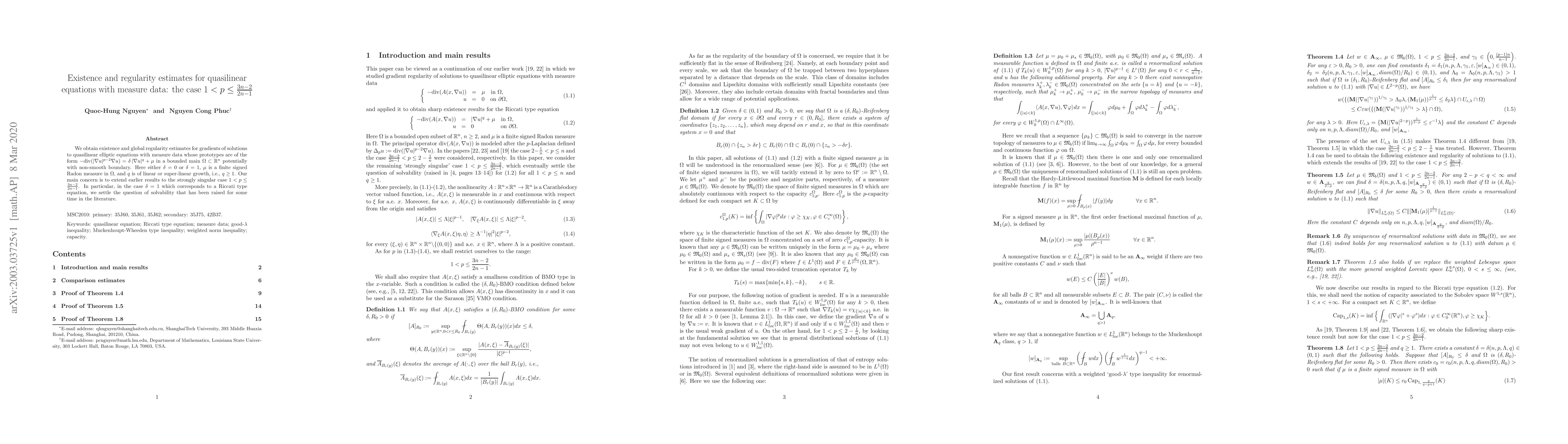 Thumbnail for Existence and regularity estimates for quasilinear equations with
  measure data: the case $1<p\leq \frac{3n-2}{2n-1}$