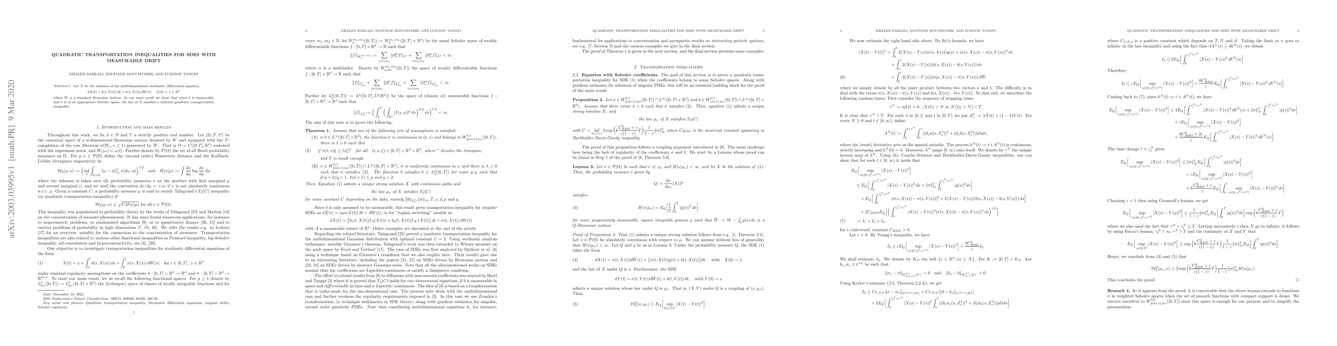 Thumbnail for Quadratic transportation inequalities for SDEs with measurable drift