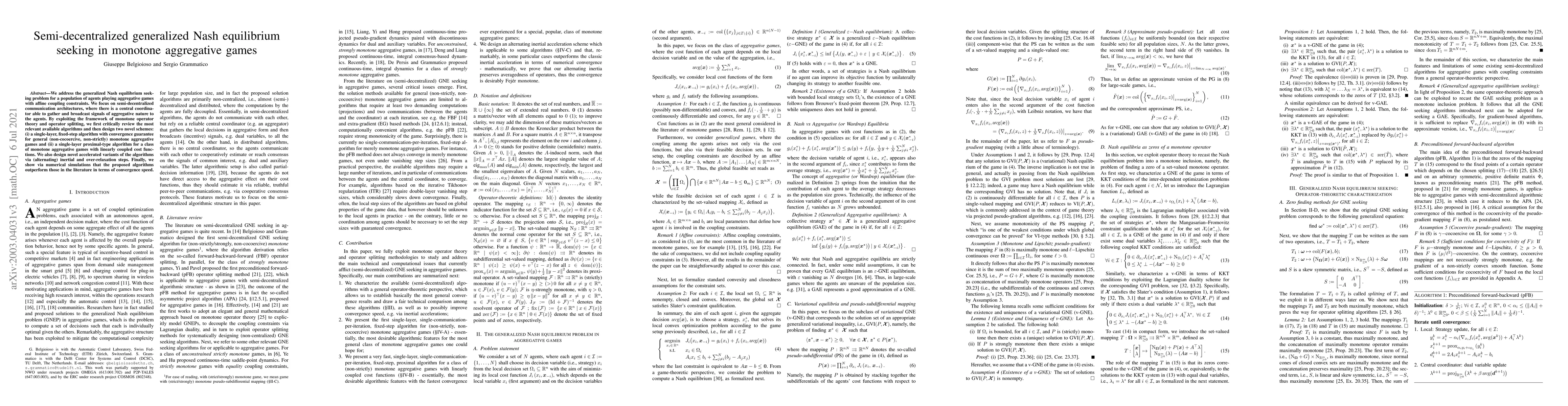 Thumbnail for Semi-decentralized generalized Nash equilibrium seeking in monotone
  aggregative games