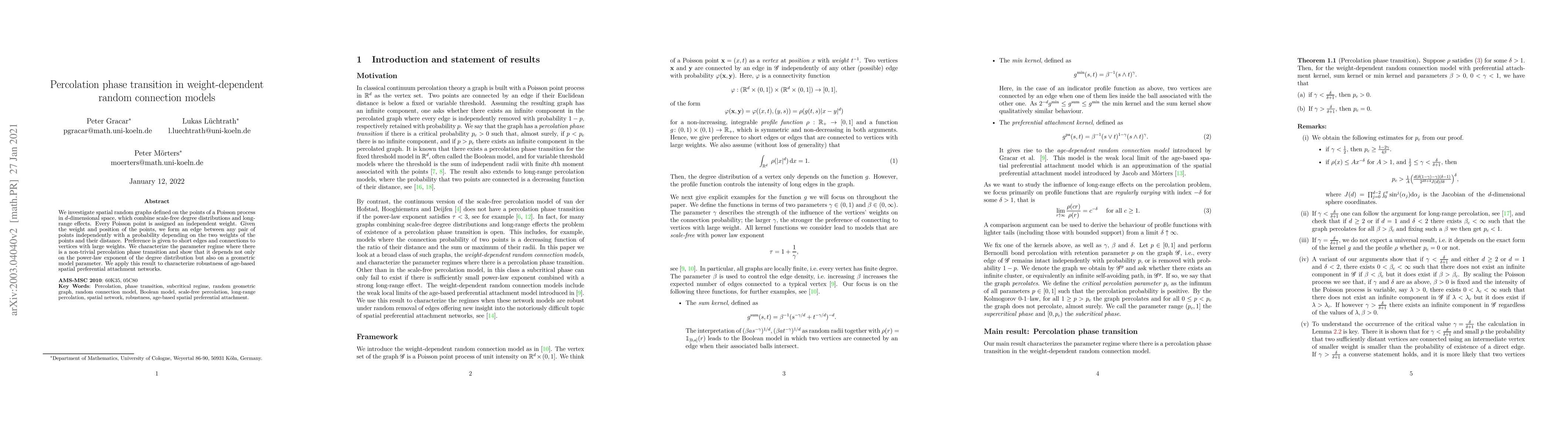 Thumbnail for Percolation phase transition in weight-dependent random connection
  models