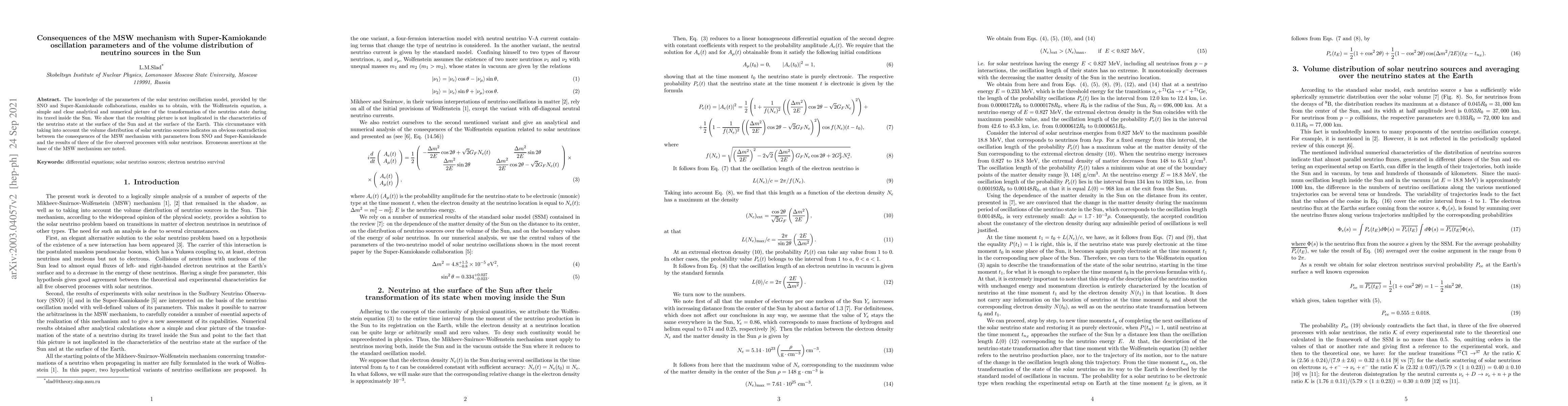 Thumbnail for Consequences of the MSW mechanism with Super-Kamiokande oscillation
  parameters and of the volume distribution of neutrino sources in the Sun